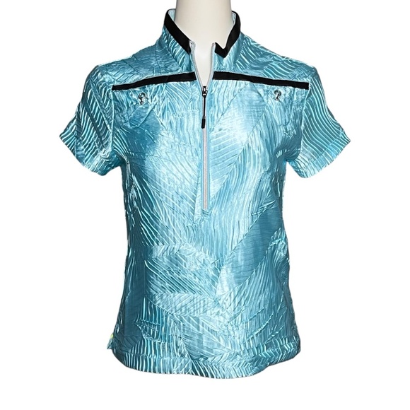 Jamie Sadock Metallic Aqua Blue Crinkle 1/2 Zip Polo Golf Shirt Top Size XS - Picture 1 of 8